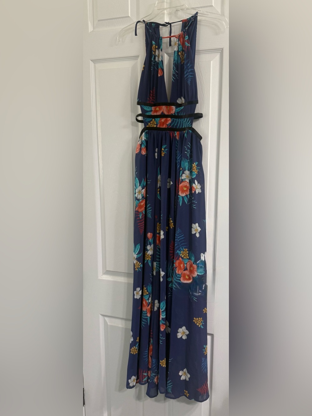 Express Navy Floral Maxi Skirt with Coral & Teal Blooms